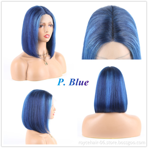 Color Hair Bob Wig Vendor, Piano Blue Lace Front Wig For Women, Highlight Human Hair Pre Plucked HD T Shape Lace Front Wig